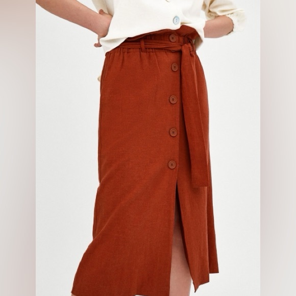 Zara Dresses & Skirts - Zara Women Paperbag Skirt Medium Rust Red High Waist Button Front Tie Waist Midi